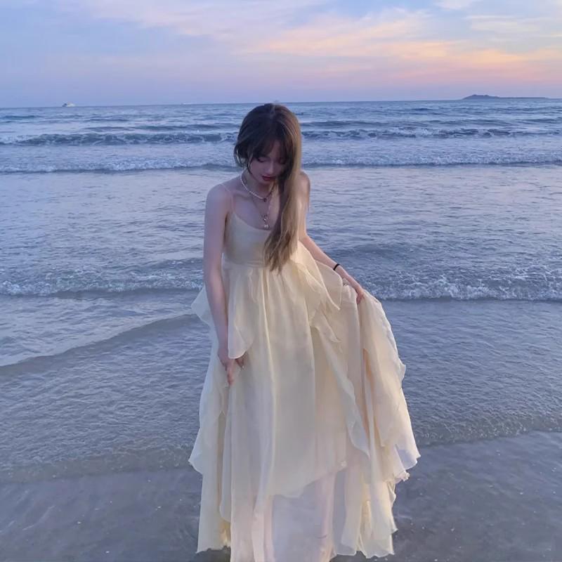 White Spaghetti Strap Summer Beach Dress: Long Fairy Vacation Dress