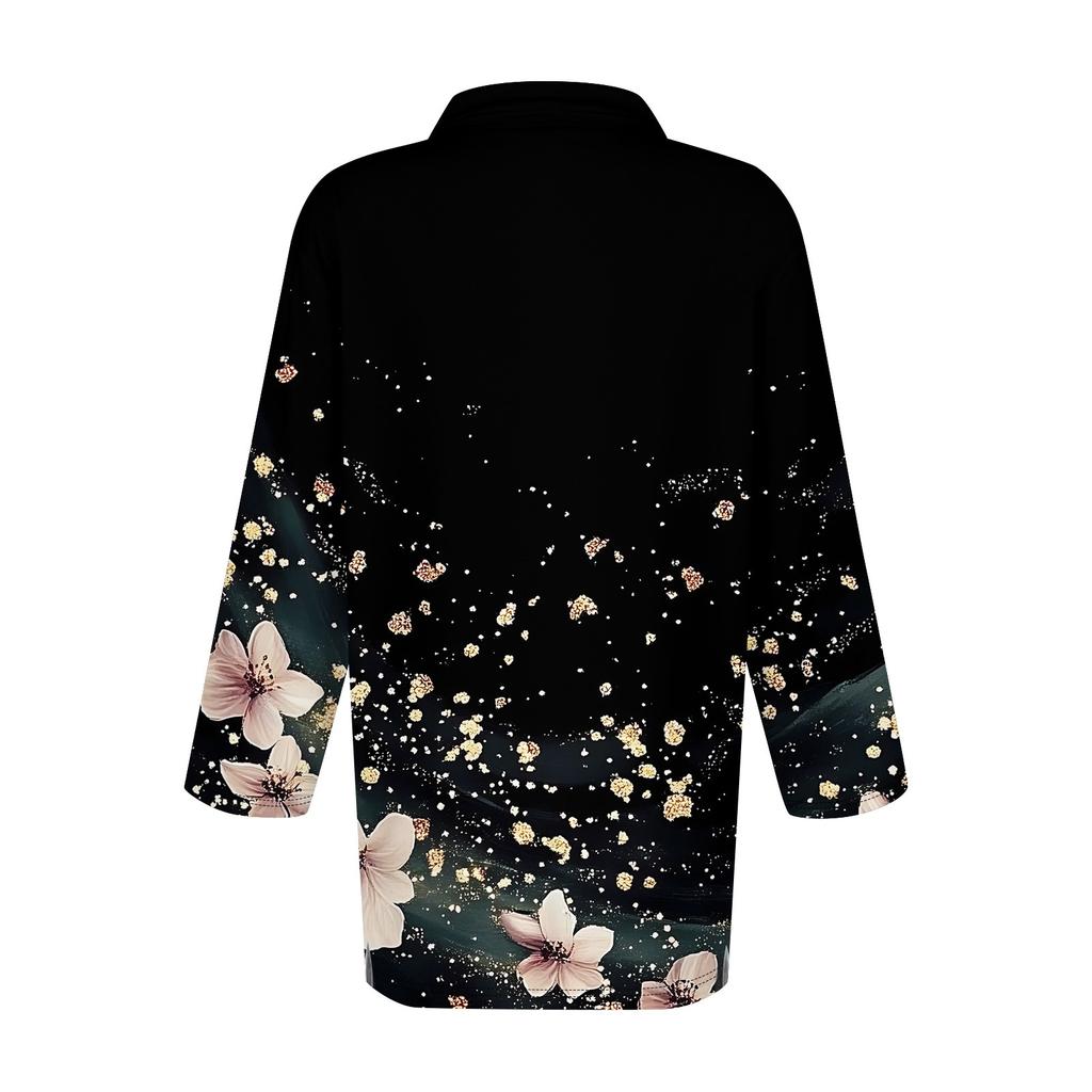 Dámská móda Neformální klopa Krátká košile s 3/4 rukávem s potiskem Dámské topy se zapínáním na knoflíky