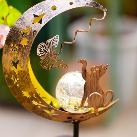 Solar Animal Garden Light, Moon Cat Bird Dog Solar Light with Metal Stake, Solar Powered Outdoor Animal Crescent Light for Patio Pathway Yard Decor