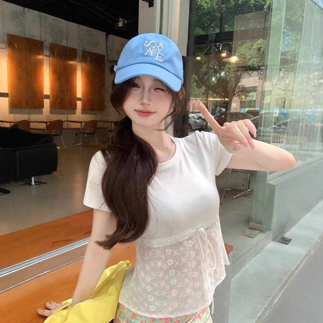 

Korean-Style Lace Spliced White Short-Sleeve Straight-Shoulder Women s T-Shirt - Summer Niche Design Medium білий