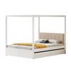 Cama com Dossel 140x200cm com Gavetas Grandes e Cabeceira Macia, Cama de Quatro Postes, Cama de Madeira Branca, Forte Capacidade de Carga