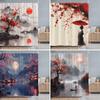 Japanese Red Cherry Blossom Seascape Shower Curtain Chinese Landscape Ink Painting Printed Fabric Shower Curtains Bathroom Decor