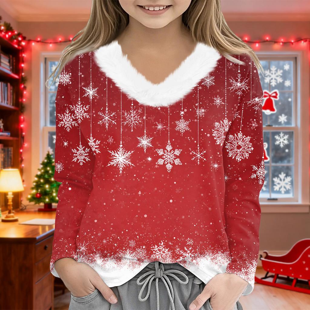 Christmas Day Girls Long Sleeve T Shirts Kids  Girls' V-Neck Tee Christmas Print Long Sleeve Top