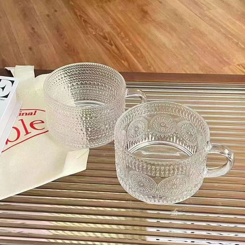 Glass Breakfast Cup with Handle, Oat Cup, Household Transparent Relief Glass Cup, Yogurt Cup