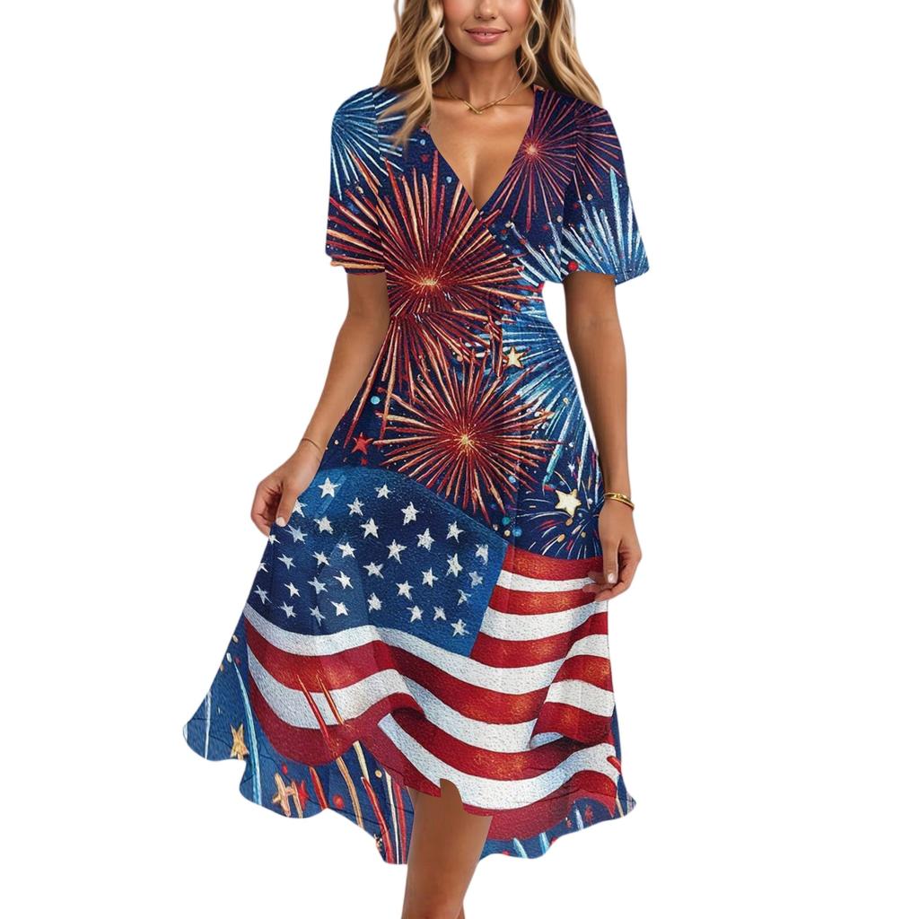 Women's Casual V-Neck Short-Sleeve Independence Day Print Dress