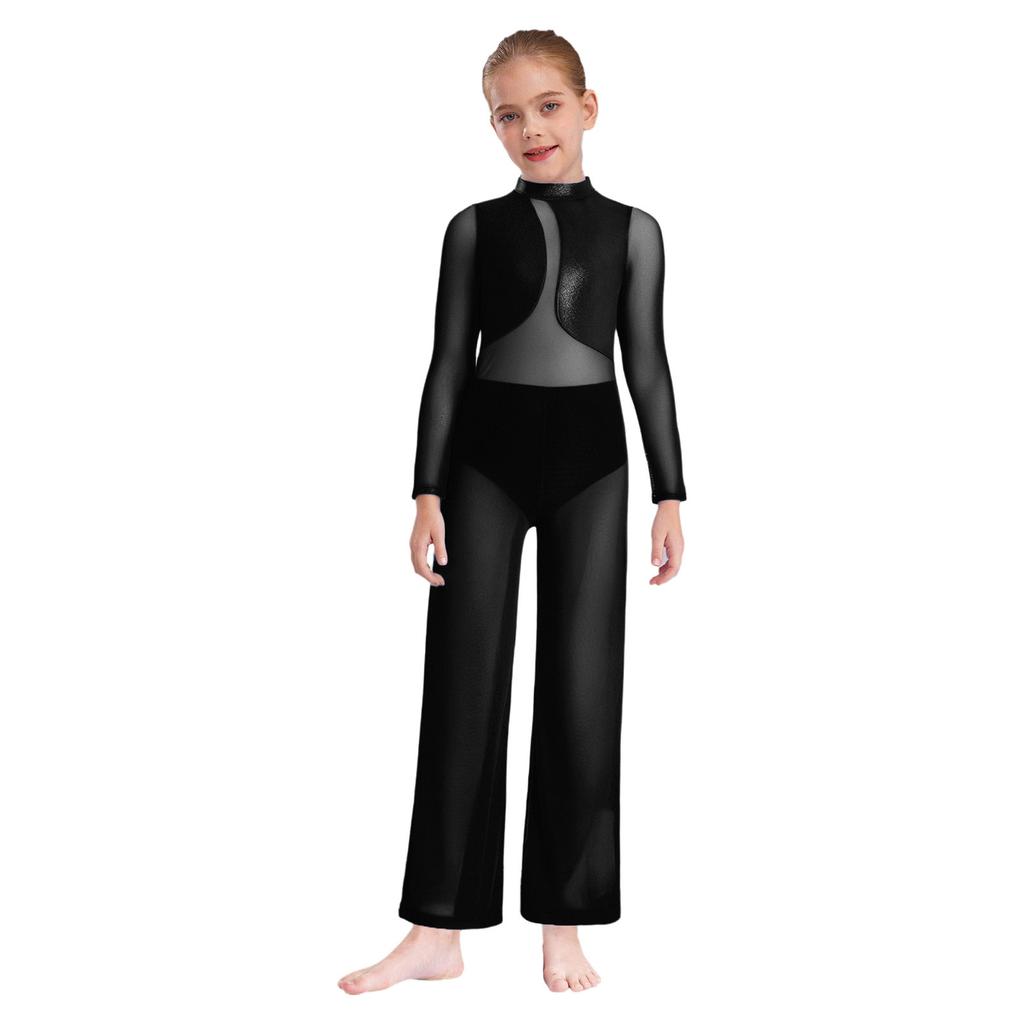 Girls Gymnastics Performance Costume Sheer Mesh Patchwork Wide Leg Metallic Long Sleeve Jumpsuit