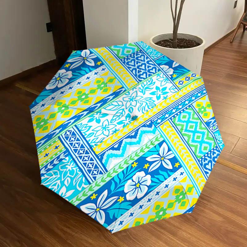 

Blue Floral Patterned Automatic Opening/Closing Umbrella with Convenient Three-Fold Design, 8-Bone Iron Frame - Perfect for Outdoor Use, Fes