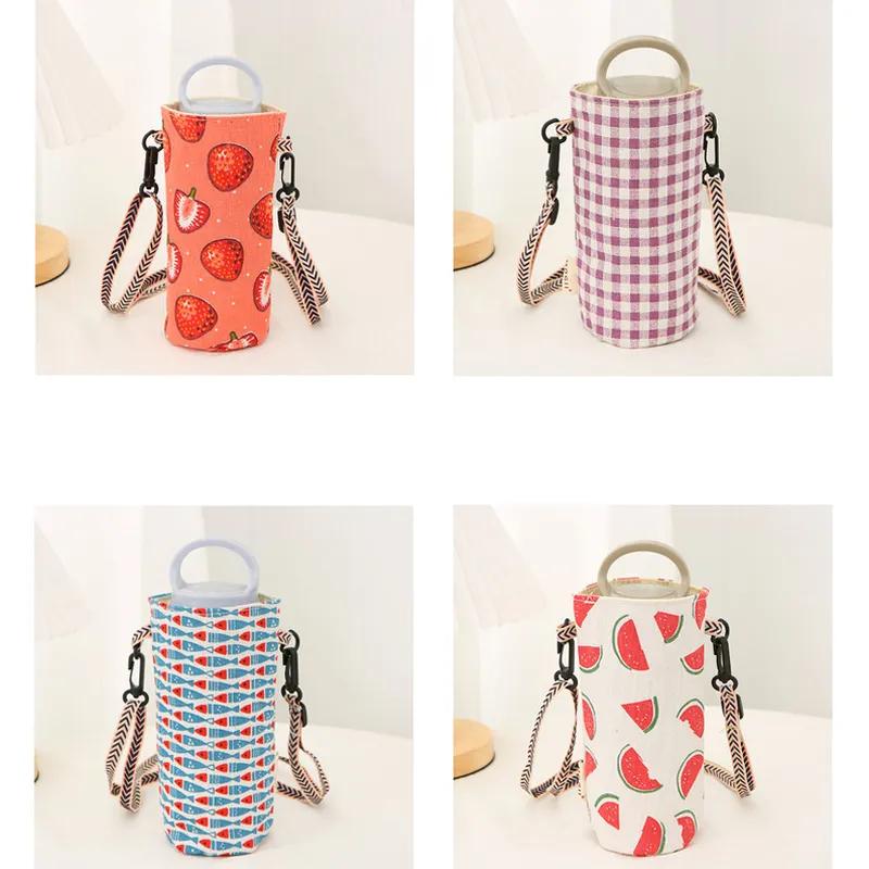 Becher-Aufbewahrungstasche Baumwolle Leinen Canvas Outdoor Wasserbeuteltasche Einfache Handheld-Hängeseil Diagonale Spannbecherhülle Milchtee Isolierbecherhülle YLE59