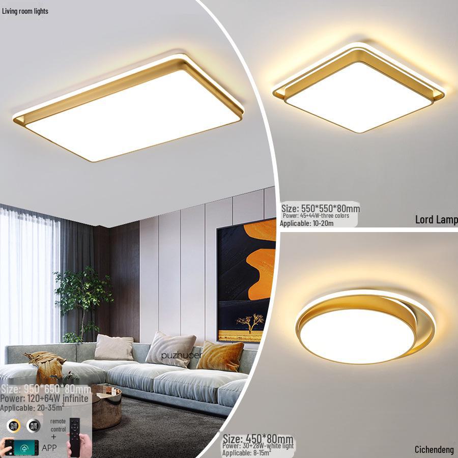 Gold Rectangular Ceiling Lamp Set for Living and Bedrooms