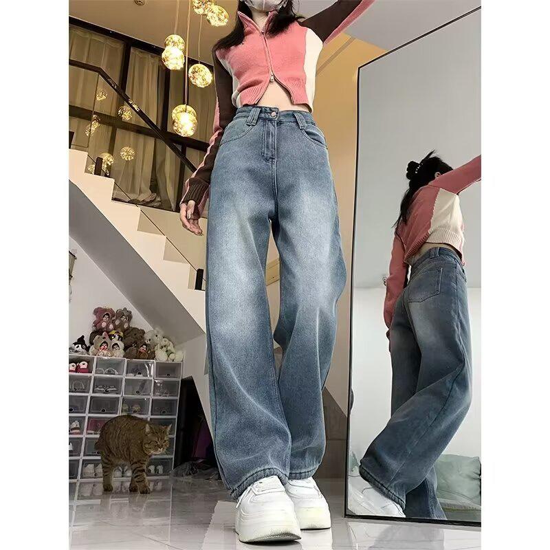 Women's High-Waisted Fleece-Lined Jeans - Winter 2024, Loose Slimming Fit, Plus Size, Straight Wide Leg.