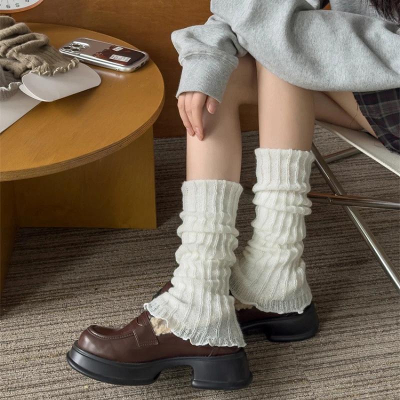Leg Warmers Women Autumn and Winter Knitted Foot Cover Black White Long Socks JK Japanese Fashion Lolita Sweet Girls Leg Warmers