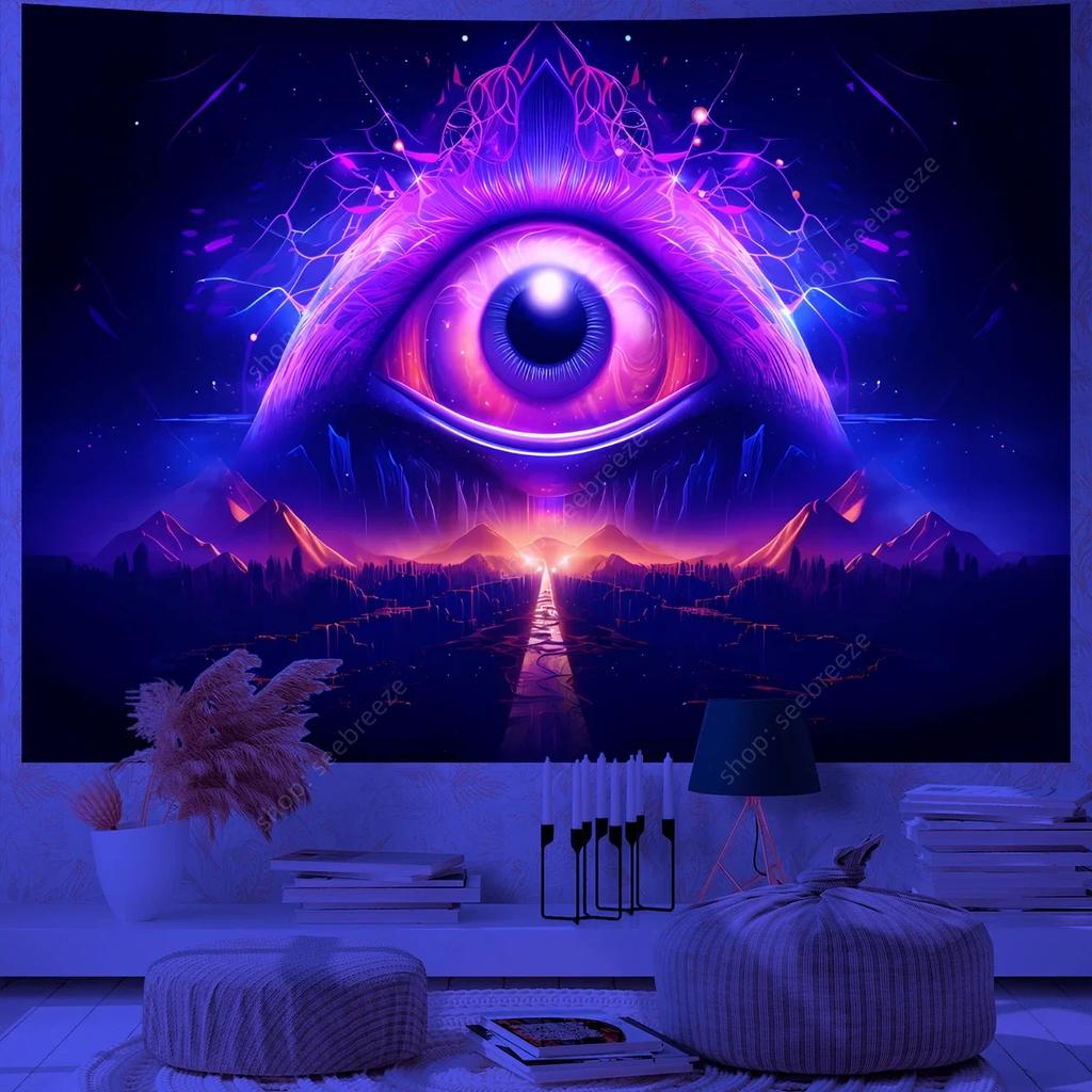 Psychedelic Eye of God UV Reactive Tapestry for Witchcraft Hippie Wall Hanging Bohemian Mandala Art Aesthetic Room Wall Decor