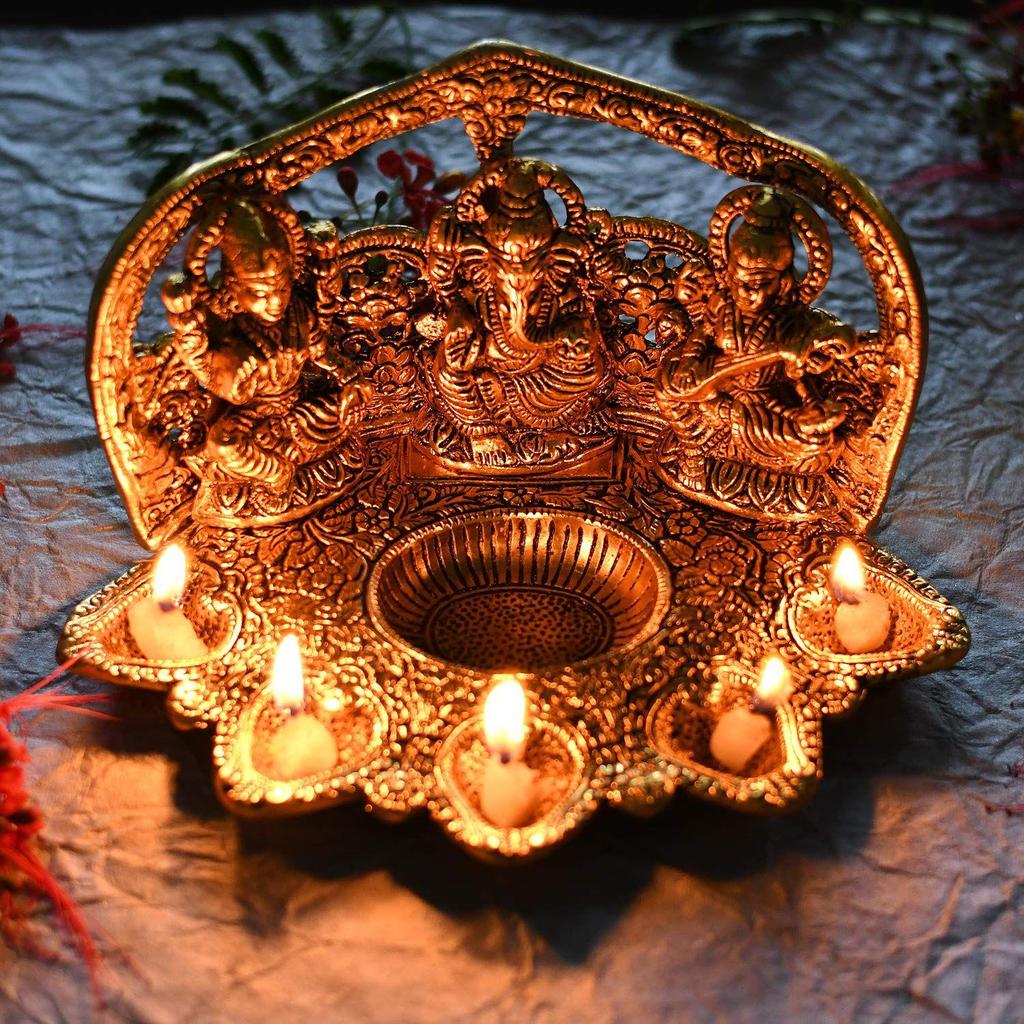 Laxmi Ganesh Saraswati Idol Diya Oil Lamp Deepak - Metal Lakshmi Ganesha Showpiece Statue - Traditional Diya for Diwali Puja - Diwali Home