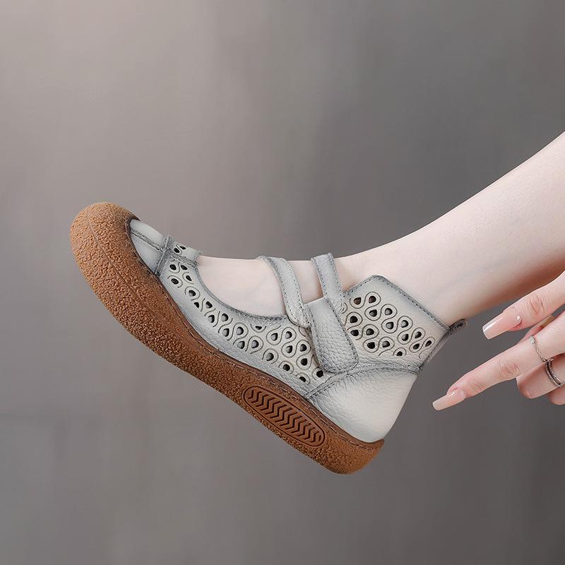 2025 Summer Retro Handmade Women's Shoes Genuine Leather Soft Bottom Mom Sandals Cowhide Hollow Out Casual Sandal Boots