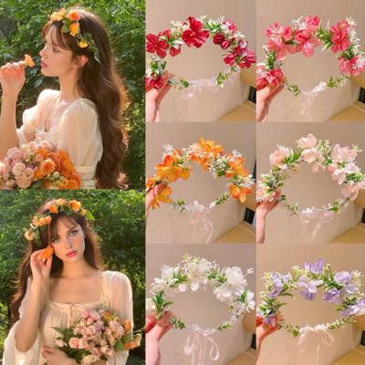 Women Headband 3D Flower Decor Lace Ribbon Bright Color Headband Fairy Girl Pink Garland Versatile Hair Accessory