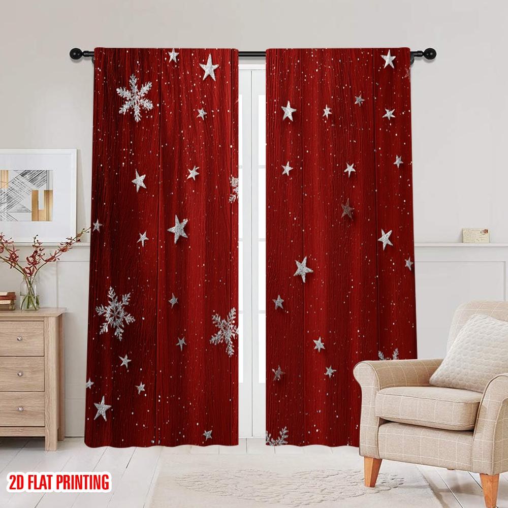 2pcs,2D Plane Printing Popular Curtains Red Snowflakes Versatile Durable Polyester (without Rod) Room Decor for Living Room,