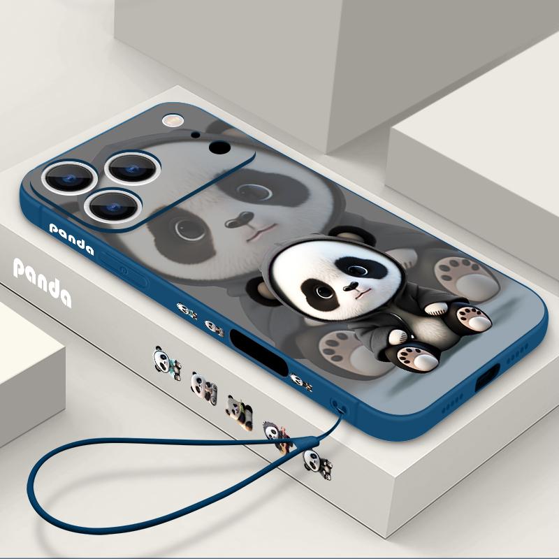 For iPhone 17 Pro Max Case Black Coat Panda Pattern Soft Silicone Lanyard Cover For iPhone 16 Pro Max Cover iPhone 15 14 13 12 11 16E Air