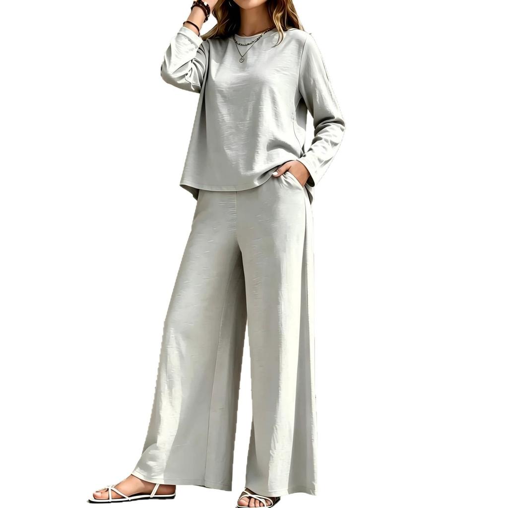 2026 spring and summer new cross-border women's clothing round neck long sleeve high waist wide leg pants fashion casual suit