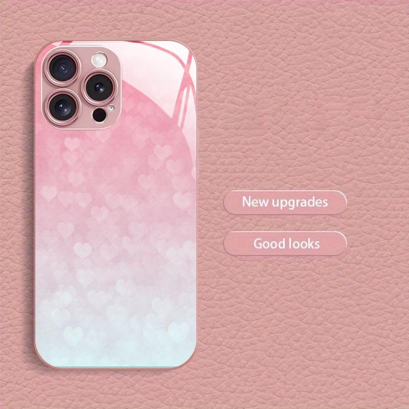 Motif dégradé Ombre de Lumière Cœur d'Amour Peinture Métallique Étui en Verre Pour iPhone 11 12 13 14 15 16 17 Pro Max Plus 16E 17Air Coque