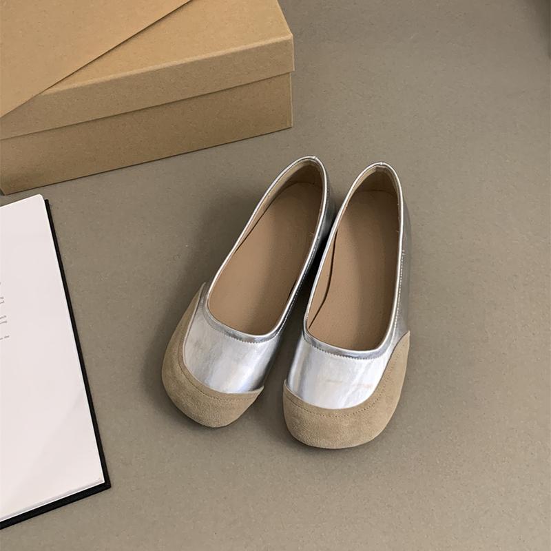 Fashion Women's Soft Leather Ballet Flats Foldable Soft Sole Short Square Toe Granny Shoes Retro Versatile Trendy Shoes for Women