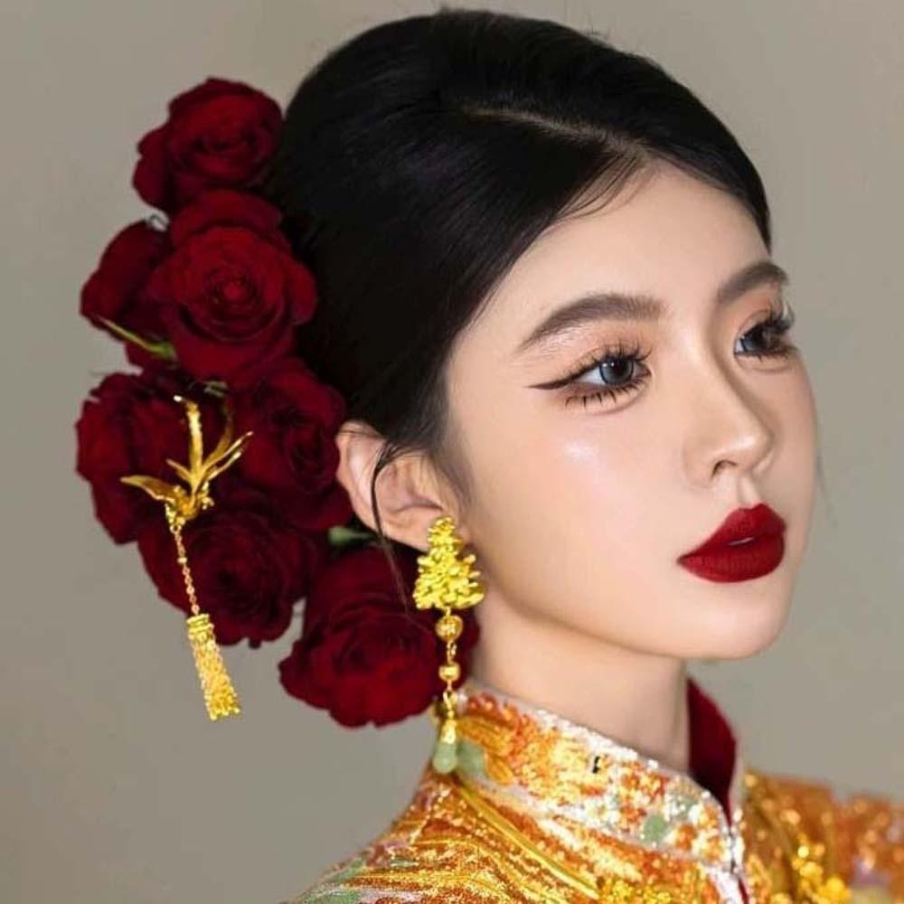 Sweet Rose Hair Forks Chinese Style Bride Flower Side Clips Golden Phoenix Hairpin  Women