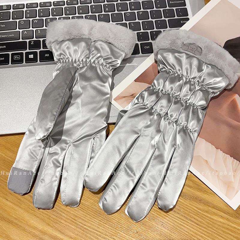 Warm Gloves for Women In Autumn and Winter Korean Cute Touch Screen Riding Electric Bike Cold Proof Plus Velvet Thickened Windproof Cotton Gloves