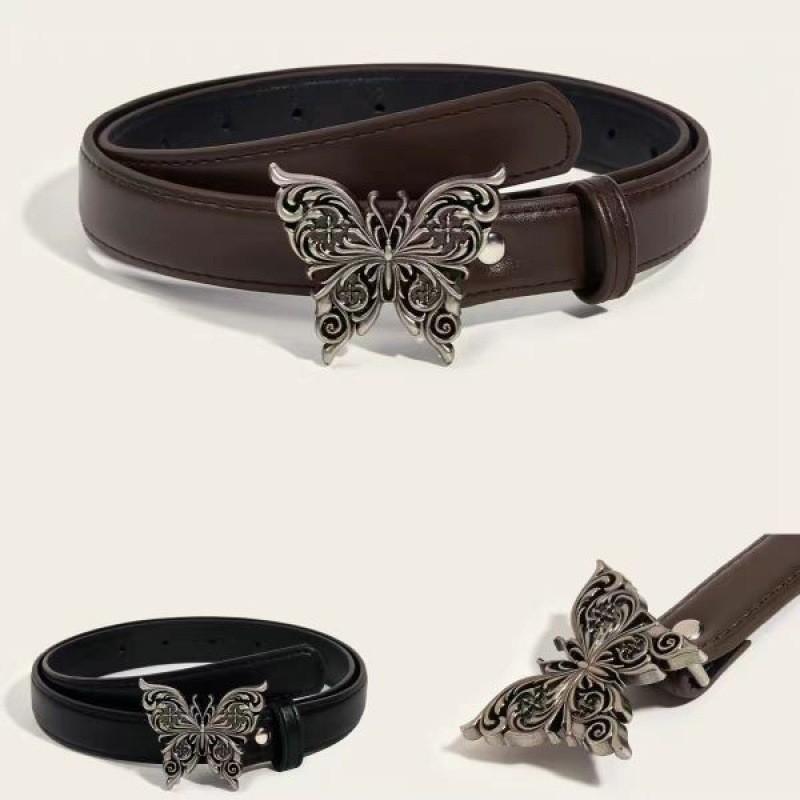 Stylish Retro Butterfly Women's Belt Crafted From Smooth Pu Material In Black And Coffee