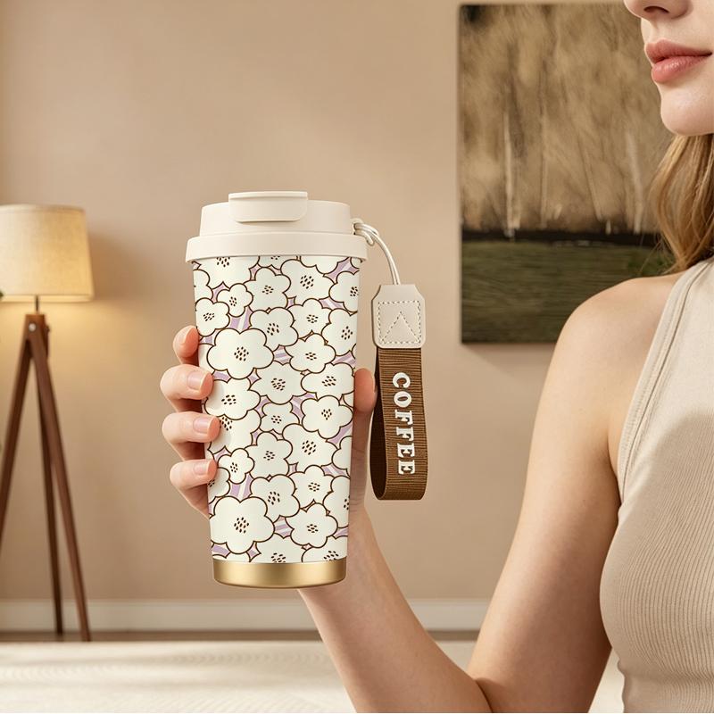 Coffee Mug 532ml Vintage White Flower Element Lanyard Insulated Cup Stainless Insulated Cup Leakproof Coffee Cup Lightweight Cup Beach Cup Coffee Mug 532ml