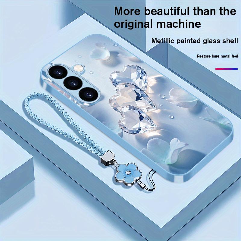 Capa de telefone de vidro com pintura metálica de coração de flor adequada para Samsung Galaxy S26 S25 S24 S23 S22 S21 S20 FE/Ultra/Plus anti-queda