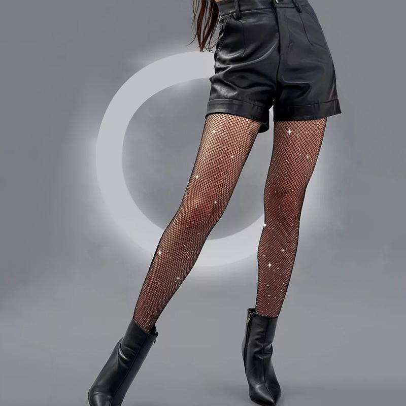 Sexy Damen-Strumpfhose mit Strasssteinen, Netzstrumpfhose mit Glitzer, glänzende Netzstrumpfhose mit hohem Bund, Party- und Clubstrumpfhose, schwarze Strumpfhose Fit for 40-70kg gray