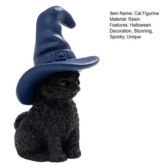 Halloween Cat Figurine, Resin Witch Hat/Moon/Pumpkin/Skull Cat Statue for Halloween Tabletop, Mantel, Shelf, Desk Decor