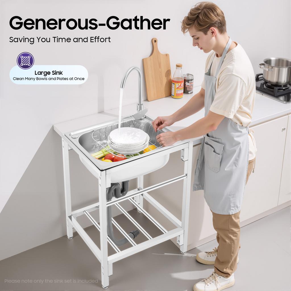 Stainless Steel Utility Sink Freestanding Single Bowl Basin Sink with Faucet and Stand,Commercial Kitchen Washing Station
