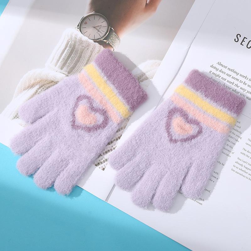 Neue Liebe Gestreiftes Mädchen Warme Handschuhe Winter Kältefest und Verdickt Kinder Gestrickt Fahrrad Spielen Schnee Schreiben Fünf Finger