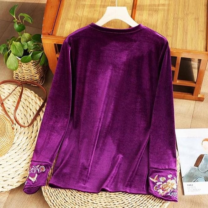 Women's Embroidered Velvet Blouse  Autumn Winter Crew Neck Long-sleeve Velvet T-shirt Solid Color Pullover