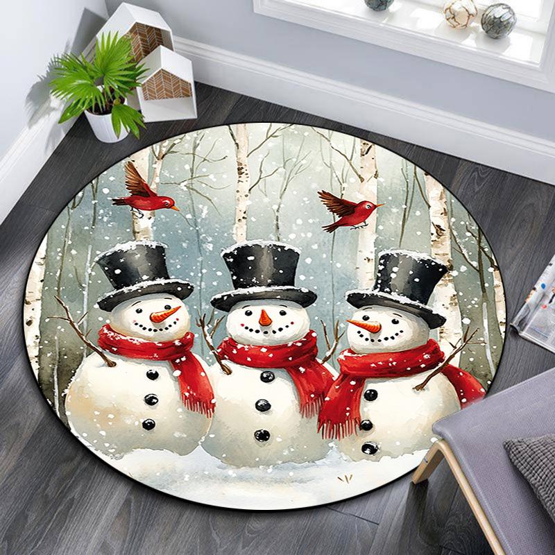 Forest Snowman Round Area Rug,Carpet Rug for Living Room Bedroom Sofa Playroom Decor,Non-slip Floor Mat