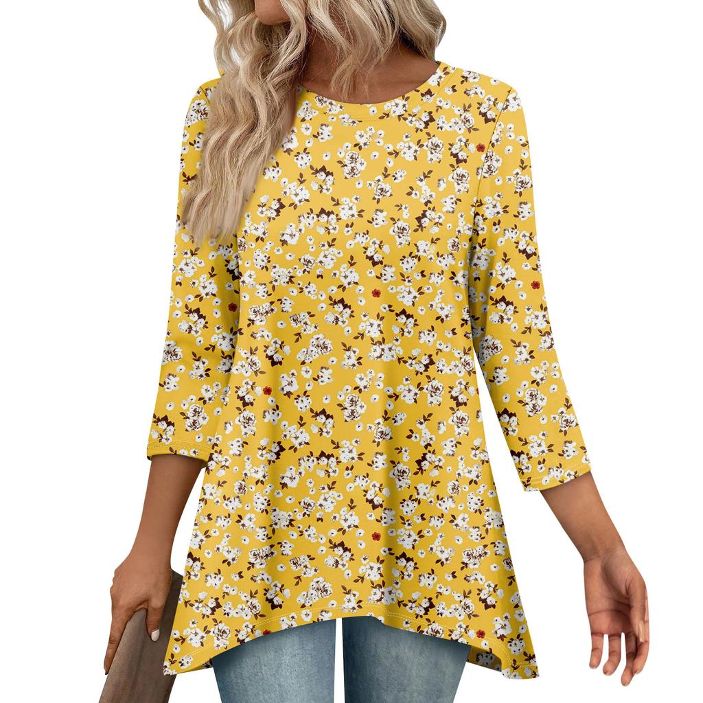 Tunic Tops For Women Loose Fit Prints Tops 3/4 Length Sleeve Womens Tops With Asymmetrical Hem