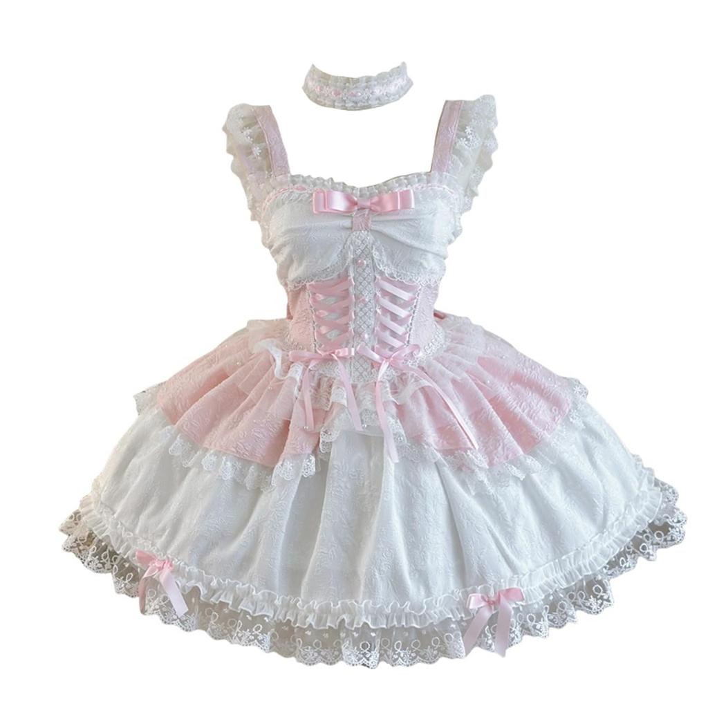 Toku and Yuu Lolita JSK Gothic Lolita Mori Girl Jumper Skirt with Lace Braided Mini Gothic Princess Cute Ribbon Mori Girl School Festival Size Dress,