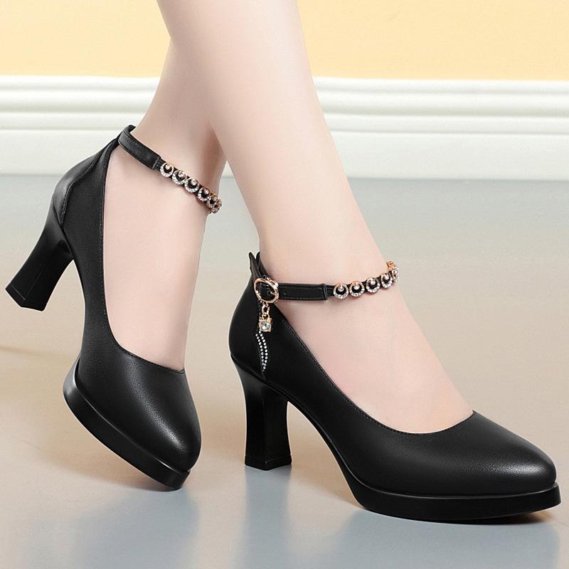 Chunky High Heels, Comfortable Model Runway Shoes, Work Shoes, Black Soft-soled Comfortable Strappy Shoes