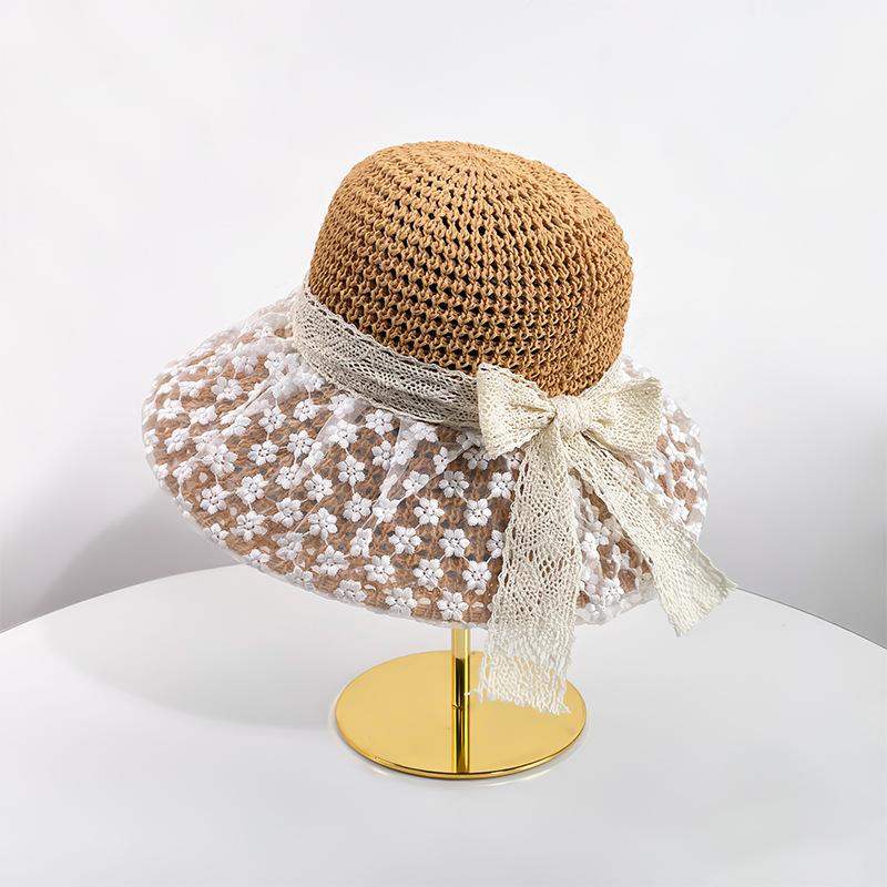 Lightweight Breathable Sunshade Cap with Lace Details Trendy Summer Accessory Hollow Out Straw Hat Wide Brim Sun Protection Hat