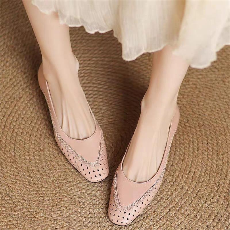 2025 summer French square head hollow breathable thick heel shallow mouth single shoes women's middle heel bag head sandals soft leather hole shoes