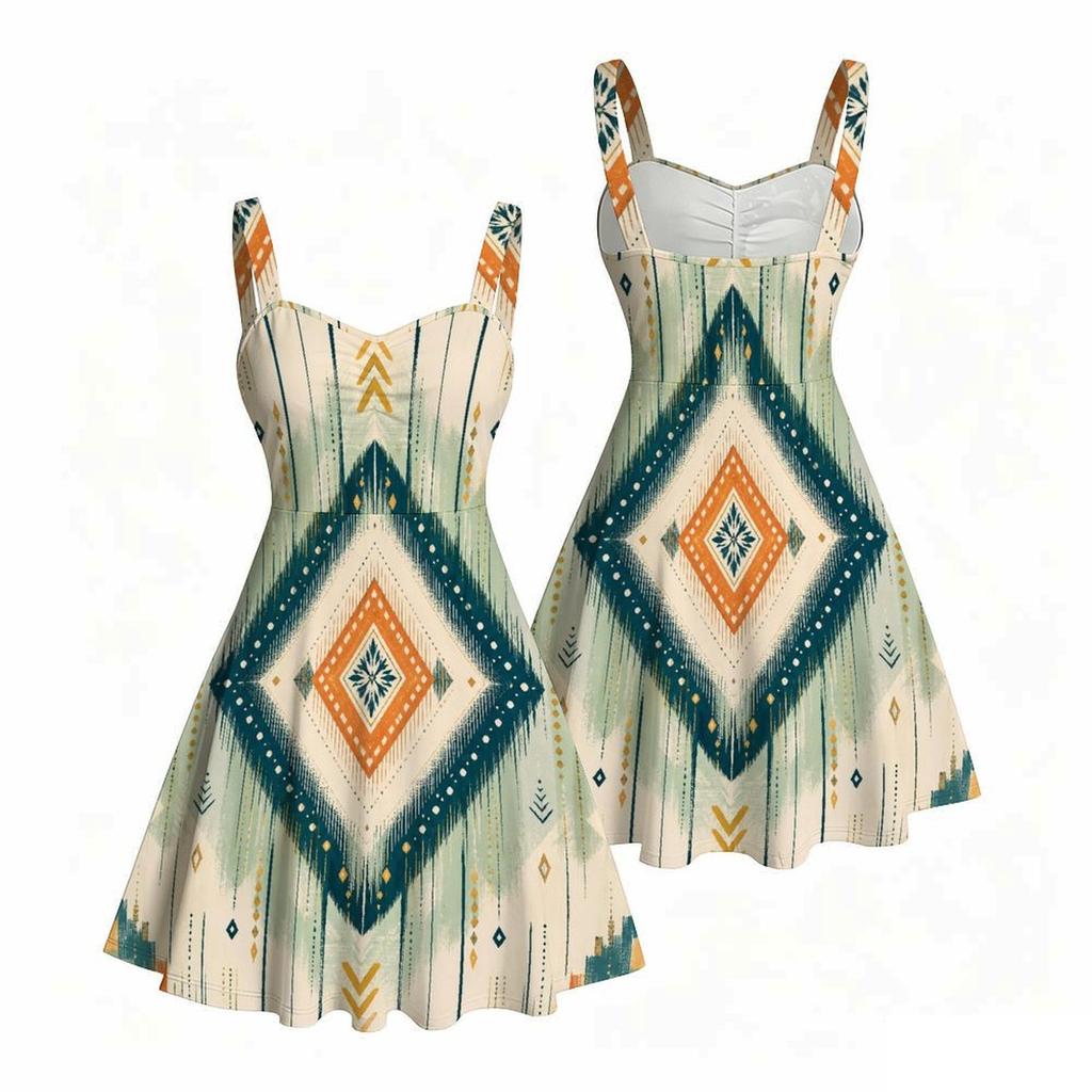 Women S Plus Size Off Shoulder Square Neck Strappy Sleeveless Printed Flared Dress