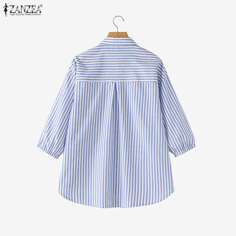 ZANZEA Women Casual Turn Down Collar 3/4 Sleeve Loose Stripe Blouse