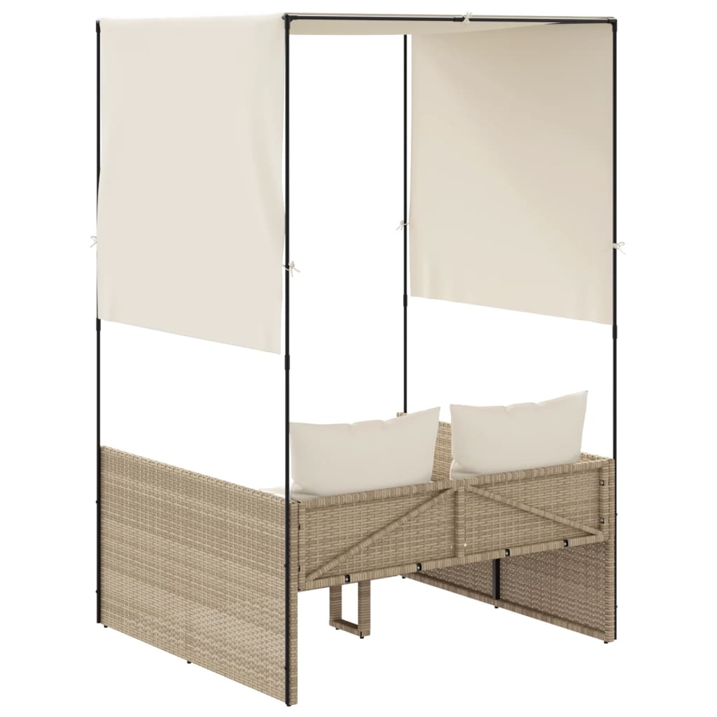 Double Sun Lounger with Canopy and Curtains Beige Poly Rattan