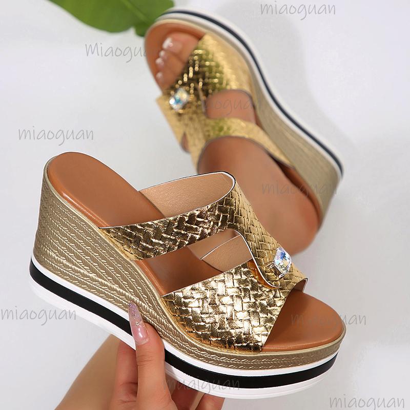 Fashion Gold Silver Wedge Heel Slippers for Women Rhinestone Decor Chunky Platform Sandals Woman Summer Thick Bottom Sandalias De Mujer
