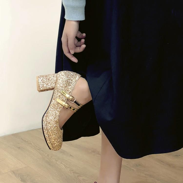 Velikost 33-43 Dámské červené třpytivé zlaté boty na vysokém podpatku, Mary Jane lodičky s dvojitým přezkovým páskem, společenské svatební