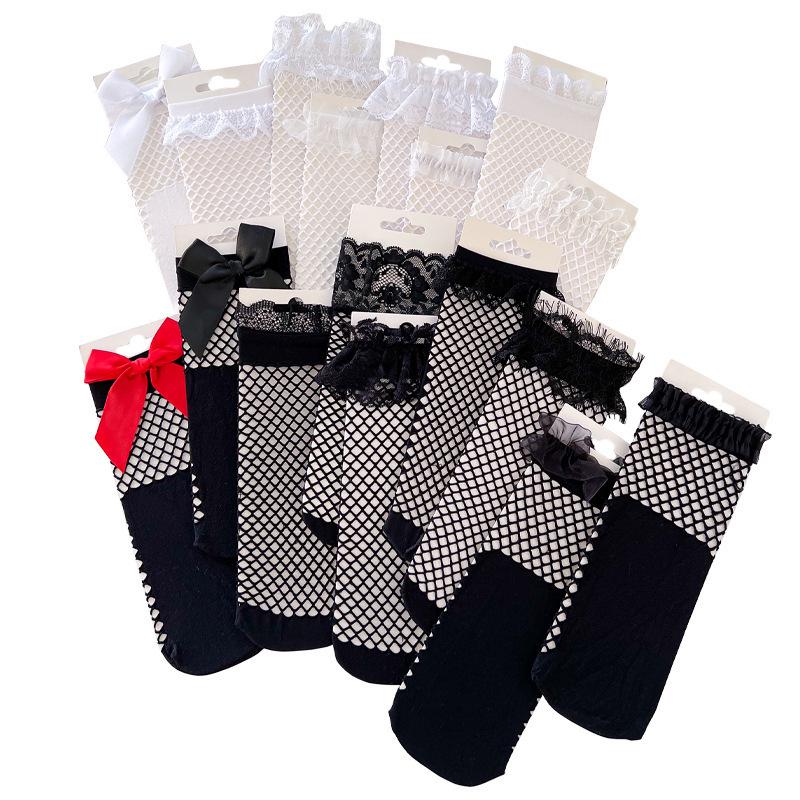 Japanese Lolita Bowknot Fishnet Lace Ankle Socks, White or Black