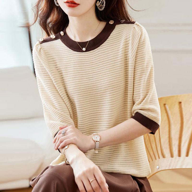 

Весенняя женская трикотажная футболка с рукавом семь четвертей, свободный контрастный цветной трикотажный топ, стройнящий и стильный XL