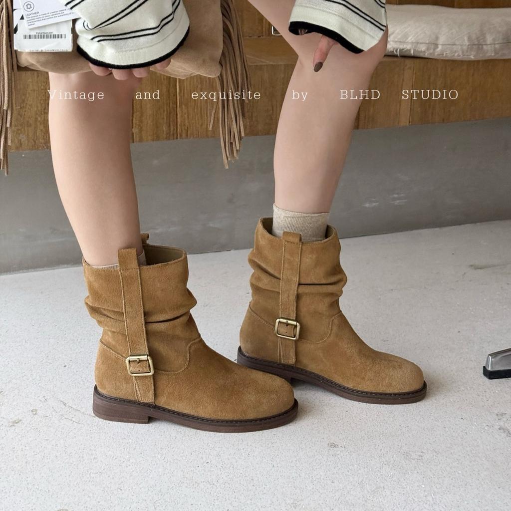 2025 autumn retro suede V-mouth western cowboy boots pointed mid-tube boots medium antique belt buckle stacking boots