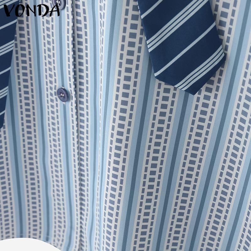 VONDA Women Tie Up Short Sleeve College Style Striped Oversized Casual Shirts