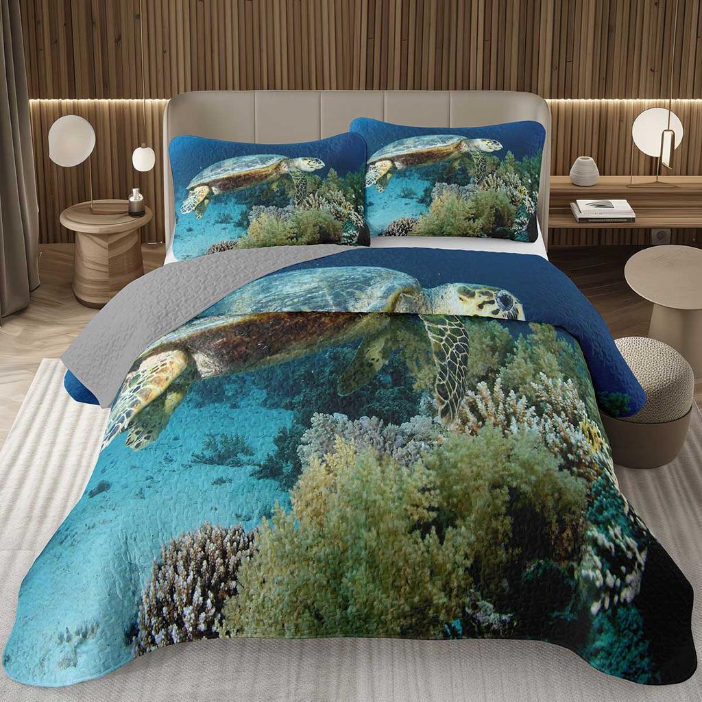 Sea Turtle Bedspread Queen Twin Underwater World Ocean Animal Coverlet Reptile Tortoise Print Quilted Bedding Set for Kids Adult